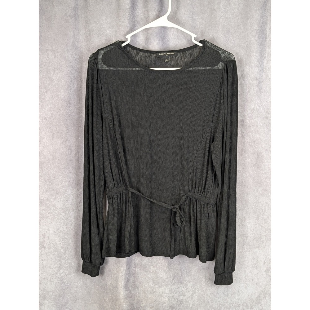 Banana Republic Black Plisse Peplum Top Sheer Mesh Yoke Long Sleeve Small C609